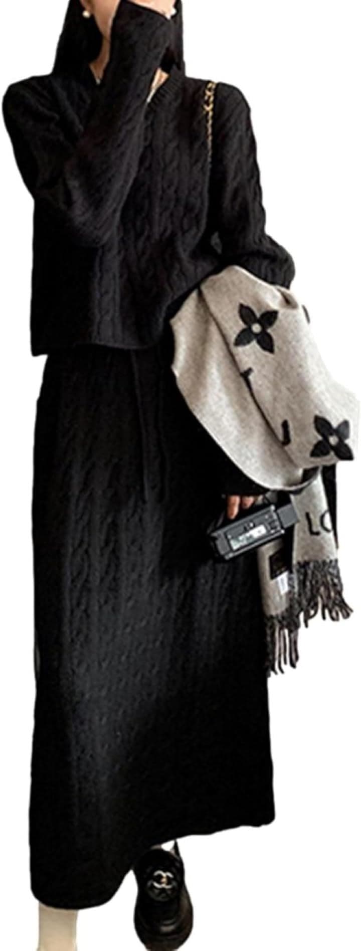 セットアップ レディース 2点セット ニット ケーブル編 ロングスカート Iライン ラウンドネック レディースファッション デート Iラインスカート ニットセーター(ブラック, M)