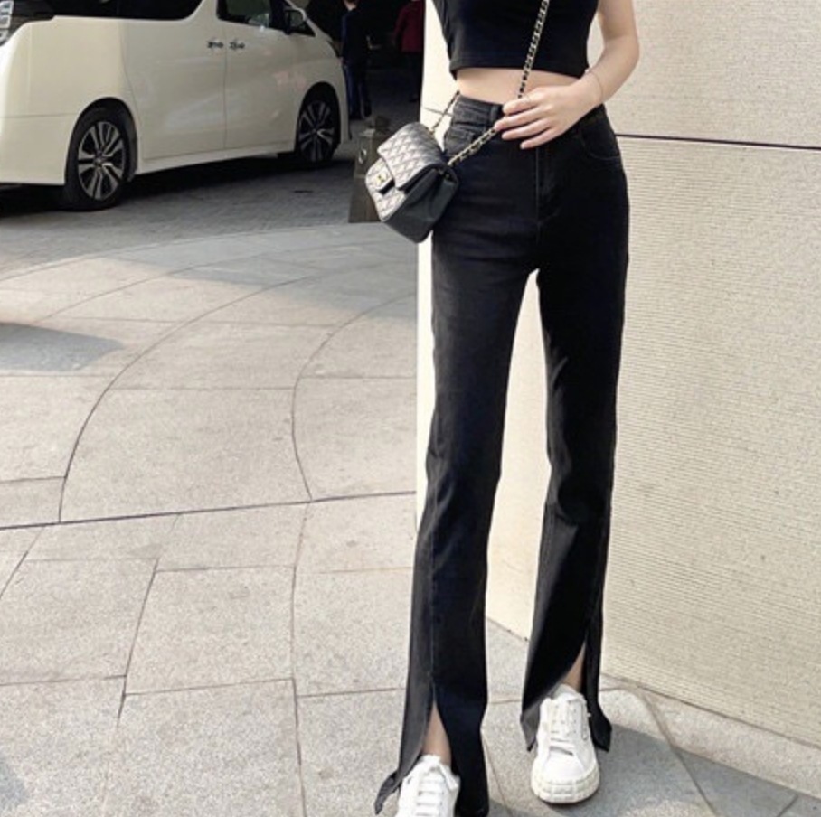 ボトムス パンツ レディース ハイウエスト スリット 個性的 デート かわいい 大人可愛い きれいめ シンプル カジュアル 大人 上品 おしゃれ お洒落 無地 10代 20代 30代 ブラック