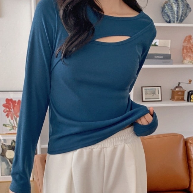ロングTシャツ スリムフィット 肌見せ 甘辛 トップス デート T