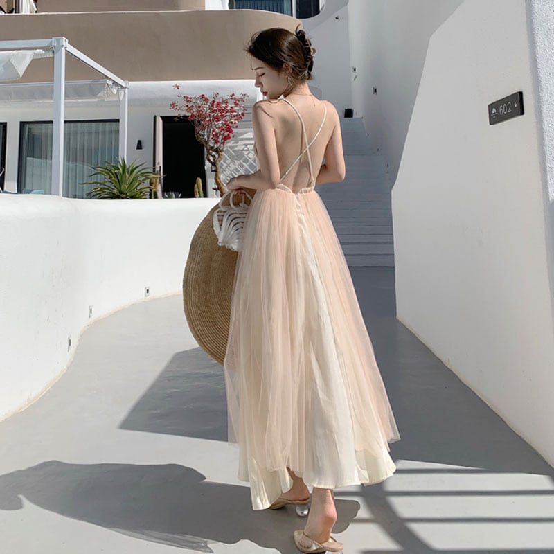 バックレスメッシュワンピース サテンワンピース キャミソールワンピース Ａラインロングワンピース バッククロス ビーチドレス ロングワンピース ワンピース ドレス レディース サマードレス