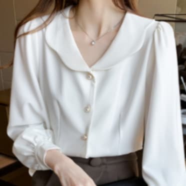 シフォンブラウス シンプル トップス シャツ ホワイト 白 レギュラー丈 袖あり 長袖 襟付き