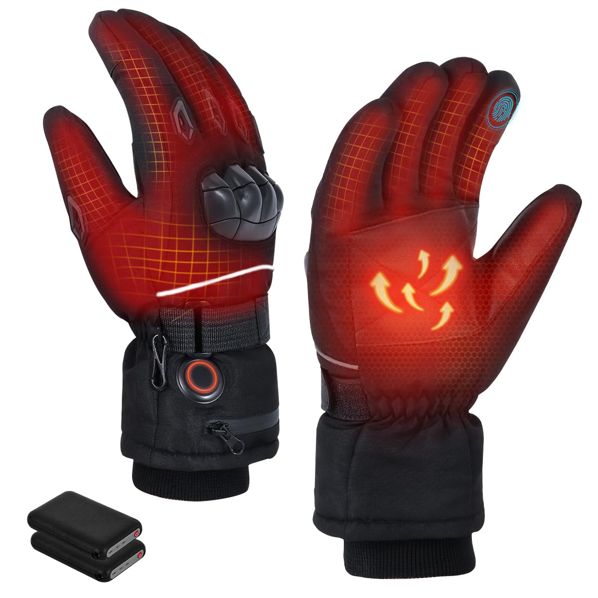 電熱グローブ バイク用【指先+手のひら+手の甲 全体発熱】7.4Vヒーターグローブ ニット手首カフス付 電熱手袋 4段階温度調節 暖房手袋 タッチパネル対応 反射材付き オートバイ 防寒 防風 二重防