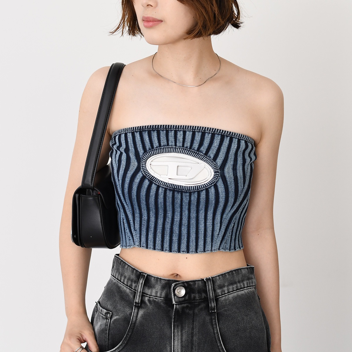 トップス M-CLARKSVILLE チューブトップニット A05770 0HEAS レディース ブルー コットン ナイロン スリムフィット ロゴ ビンテージ