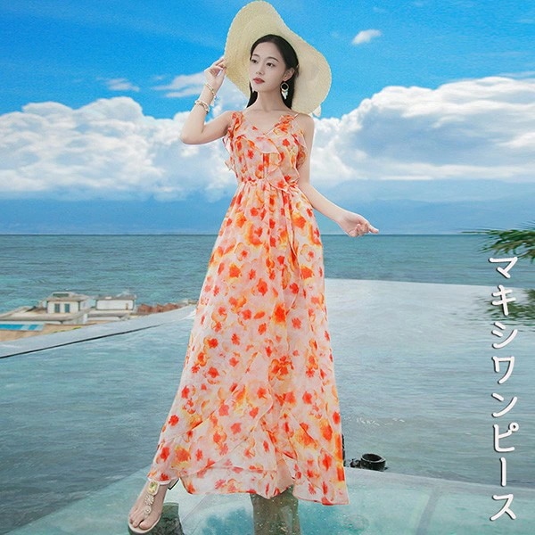 夏 ワンピース ロングワンピース 花柄 フリル キャミソール セクシー ゆったり 体型カバー おしゃれ 夏ワンピ 夏ワンピース マキシ丈 花柄 夏 春 夏服 リゾート 旅行 きれいめ カジュアル ノー