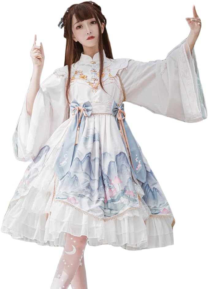 [Sky]ロリータ ワンピース チャイナ ドレス 中華風 漢服 コスプレ 衣装 長袖 姫 森ガール ゆめかわいい ゴスロリ リボン チュール 透け感 レース 水色 黒 パーティー ハロウィン 仮装 ク