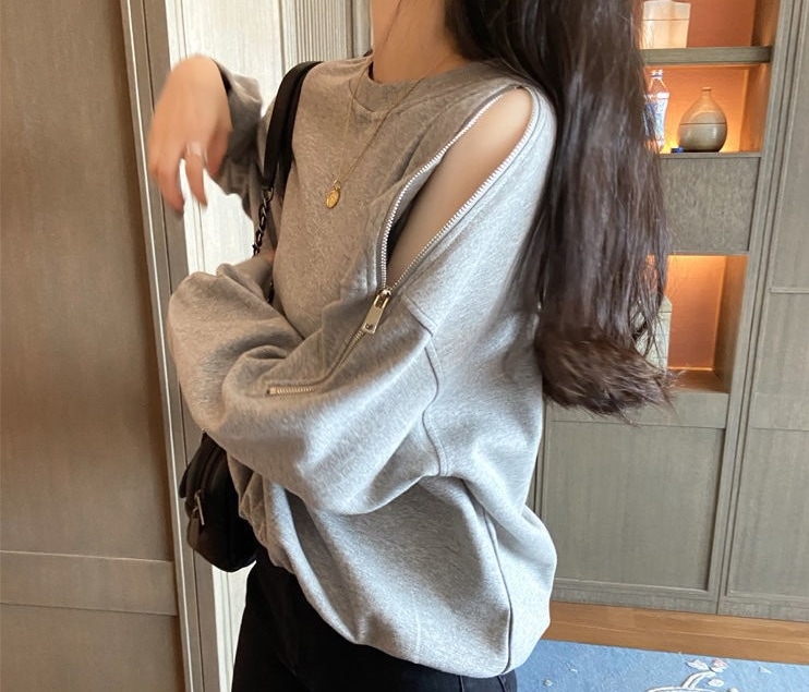 肩ジップスウェット トップス プルオーバー トレーナー 袖あり 長袖 ラウンドネック ファスナー かわいい 大人可愛い きれいめ シンプル カジュアル 大人 上品 おしゃれ お洒落 大人可愛い