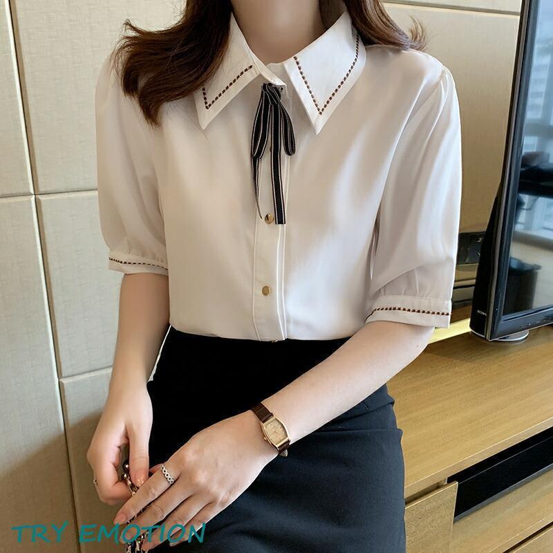 ブラウス 半袖 ボウタイ リボン キャンリーブ トップス レディース カットソー レトロ 清楚 可愛い オフィス カジュアル きれいめ
