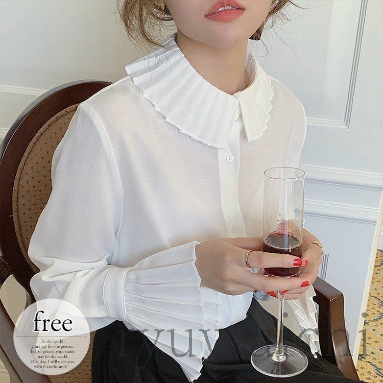 ブラウス シャツ トップス レディース 大きいサイズ 白シャツ ベルスリーブ プリーツ デザインカラー きれいめ 上品 気品 無地 ホワイト ナチュラル