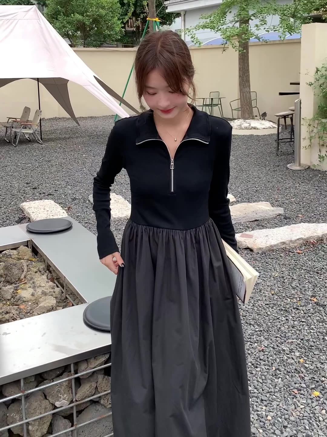 ワンピース 秋 ヘプバーン風 ブラック 長袖 カジュアル スウェット