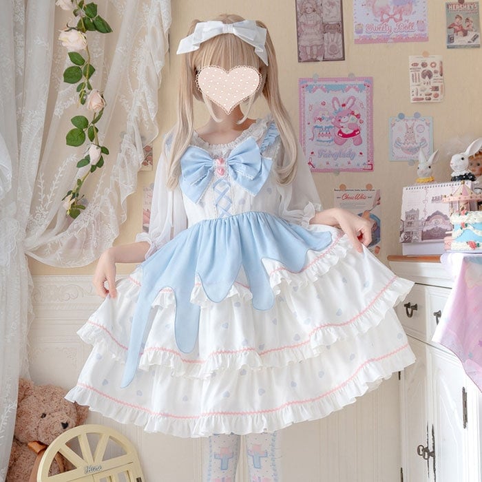 ロリータ ジャスパースカート 膝上丈 ワンピース かわいい Aライン フレア リボン ハート ワンピース ハイウエスト ジャンスカ ロリータワンピース ゴスロリ 甘ロリ レイヤード ワンピース キュ