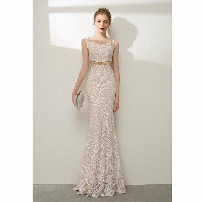 カラードレス ウェディングドレス お色直し着後ﾚﾋﾞｭｰ特典幾何学模様がスタイリッシュな マーメイドライン ロングドレス ベージュ キャミ カラードレス チュール インポート ワンピース ウェディング