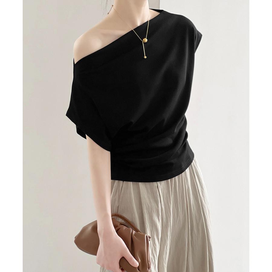 ワンショルダーカットソーギャザーTシャツ【ゆうパケット】