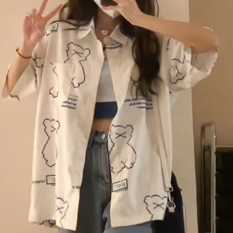 カートゥーン 小熊 プリント シャツ レディース アウター 半袖 トップス レディース おしゃれ 春夏 薄手 ゆったり シャツ857