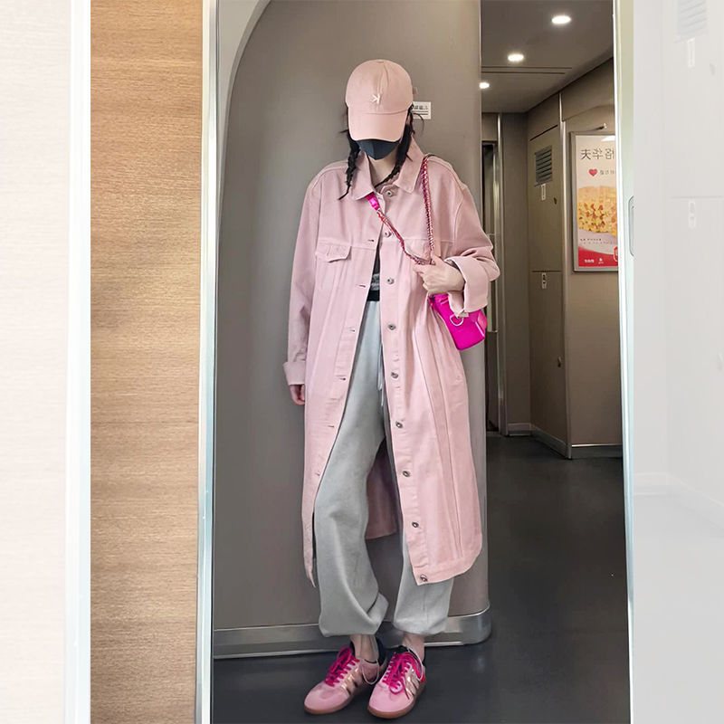 ピンクのミドル丈デニムウインドブレーカージャケット女性のための春と秋のフレンチスタイルカジュアル気質長袖トップヘボンスタイル