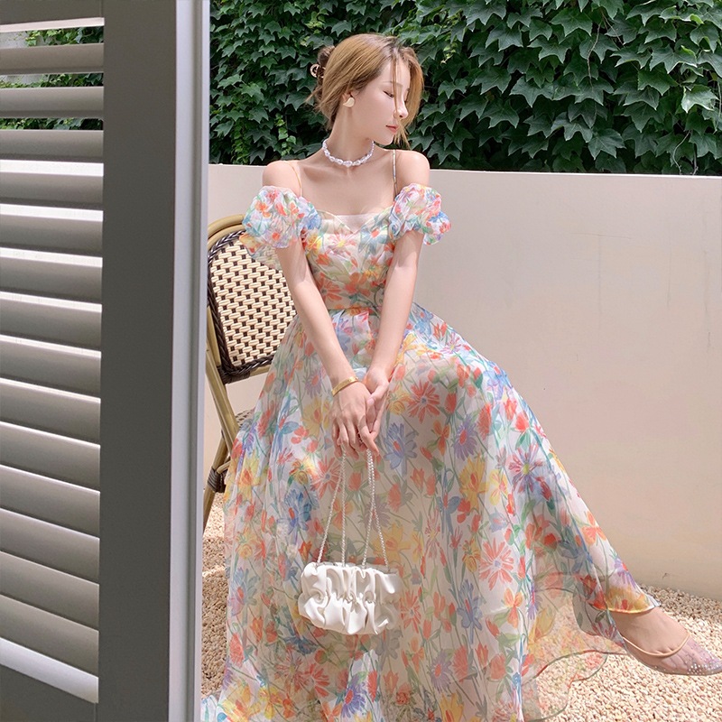 花柄ワンピース バックレースアップ オフショルダー Ａラインロングワンピース バッククロス ビーチドレス ロングワンピース ワンピース ドレス レディース サマードレス 韓国コーデ 綺麗 大人上品 パ