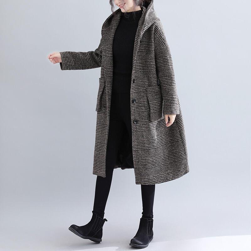 2024年冬の新しいチェック柄の韓国風プラスサイズの女性用トレンチスーツカラーウールコート