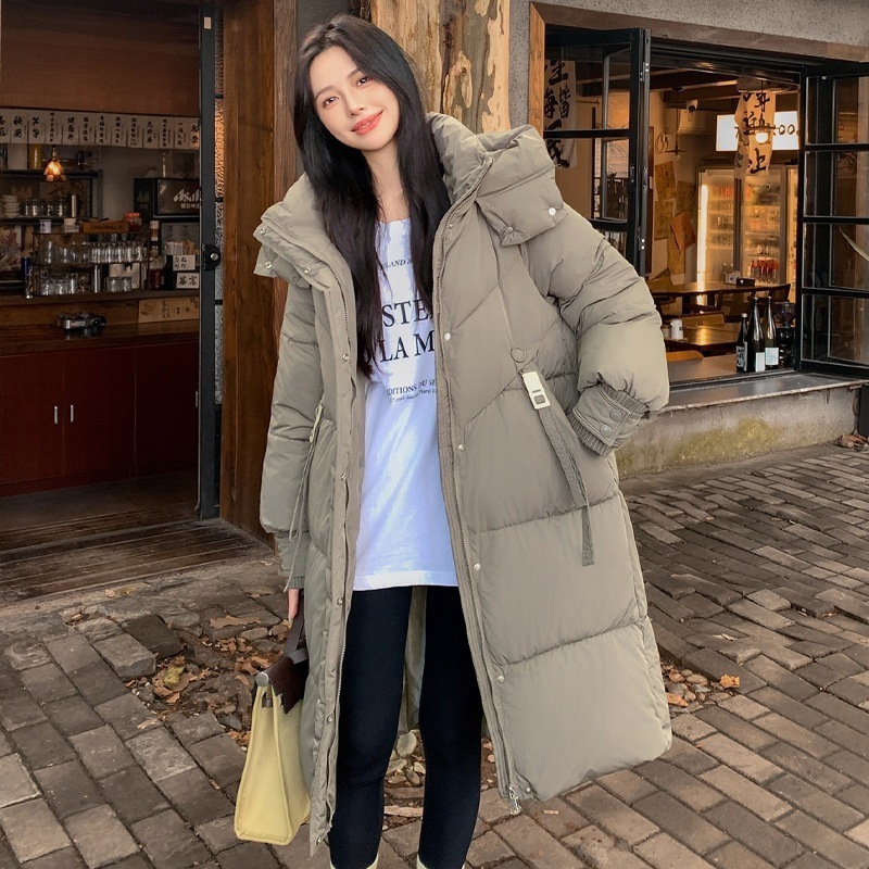 2025新型女性中長タイプ冬はダウン綿服を厚くして保温して帽子厚い綿服純色綿入れを着る