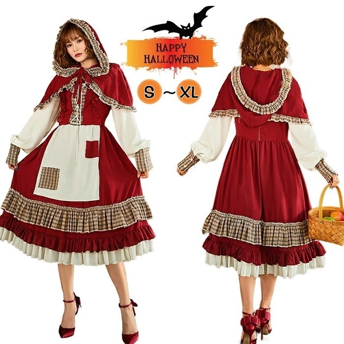 【赤字販売*速達】ハロウィンコスプレ レディース ハロウィン コスプレ ワンピース マント 仮装 衣装 春 秋 長袖 ロング丈 可愛い ロングワンピース キャラクター ロリータ 赤頭巾 イベント 森ガ