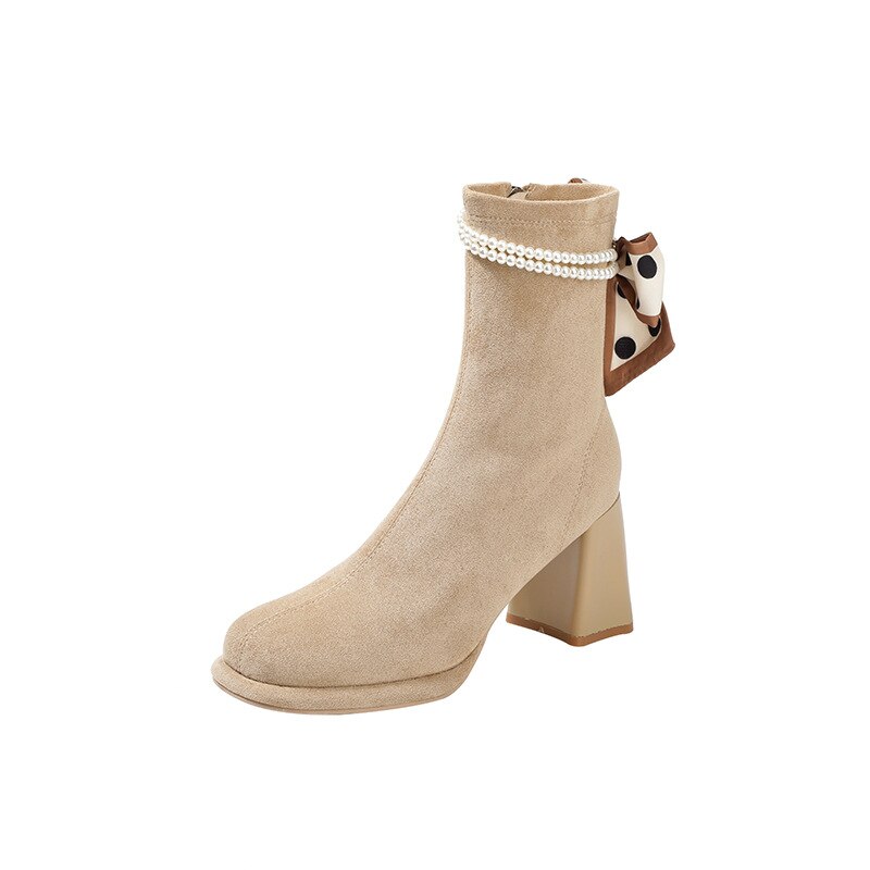 ショートブーツ女性秋冬太ヒールスリムショートブーツフレンチパールリボンハイヒール