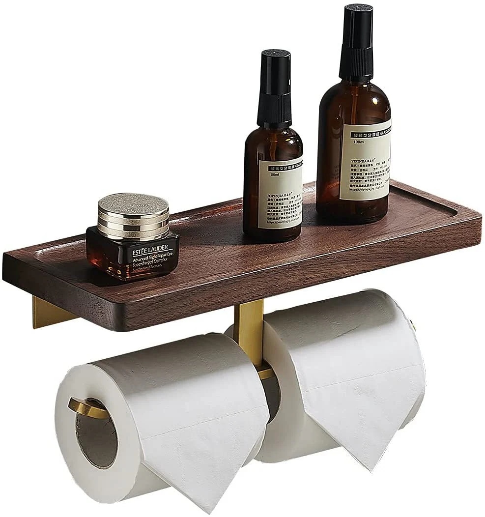 ペーパーホルダー トイレ ゴールド ダブル 2連 木製 天然木 棚付き トイレットペーパーホルダー