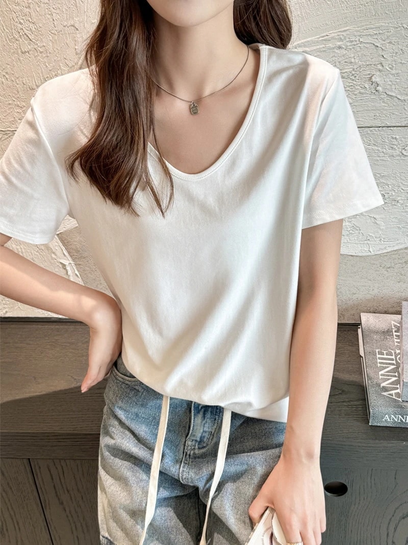 人气 新作Tシャツカットソー 夏服半袖 Tシャツ UVカット 韓国ファッション Tシャツ 無地 tシャツ 半袖 レディース Vネック 着痩せ 大きいサイズ 体型カバー 半袖/トップス/ tシャツ 紫外