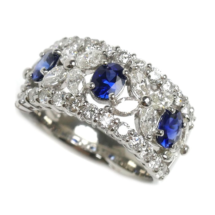 Pt900プラチナ リング指輪 サファイア1.12ct ダイヤモンド1.88ct 13号 12.3g レディース 中古 美品