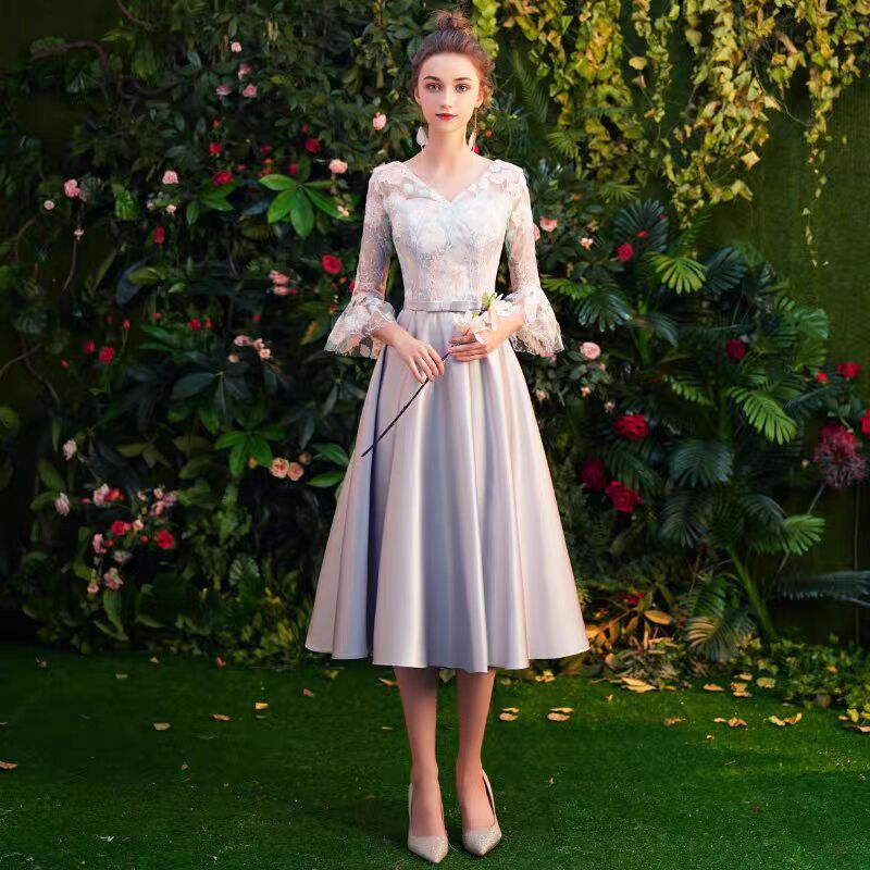 ブライズメイドドレスミモレ丈ドレスピアノ発表会ウエディングドレス袖付き結婚式二次会パーティードレス203040謝会披露宴同窓会女子会