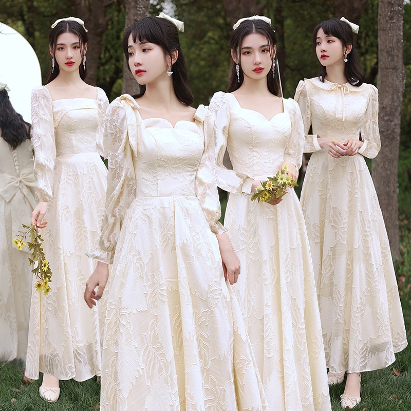 シャンパンブライドメイドドレス 2024 新しいニッチ結婚式シスターフッドスモールドレス長袖ブライズメイドドレス