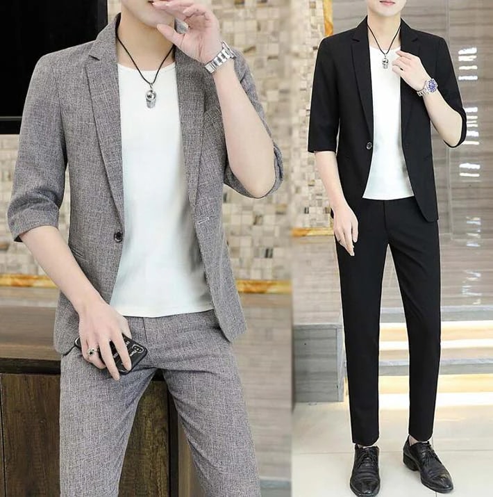 メンズスーツ7分丈ジャケットパンツ韓国風2点セット細身スーツ夏スーツメンズシングルスーツスリムスーツカジュアルビジネススーツセットアップ結婚式パーティスーツセットフォーマルスーツ大きいサイズ冠婚葬祭カ