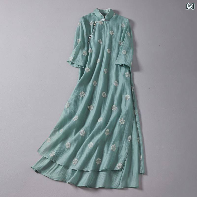アオザイ チャイナドレス 夏 レディース ワンピース スーツ 禅 フェアリー グリーン ベージュ
