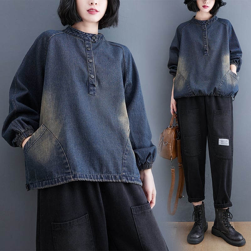 デニム プルオーバー 長袖 トップス l 無地 クール ダメージ風 ヴィンテージ風 インパクト カッコイイ レトロ トレーナー風 ブルーデニム カジュアル ママ コーデ レディース M 大きいサ
