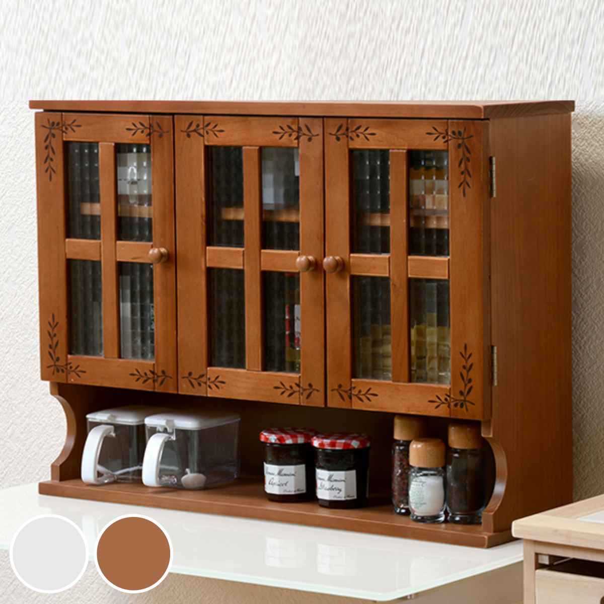 調味料ラック 3段 開き戸 アンティーク調 キッチン収納 幅68cm 調味料入れ 調味料ケース カウンターラック カウンター上収納 収納ラック 木製 台所用品 キッチン用品 カントリー家具