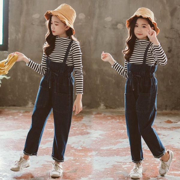 ジュニア 子供服 女児 小学校 Tシャツ+サスペンダー パンツセット M3535