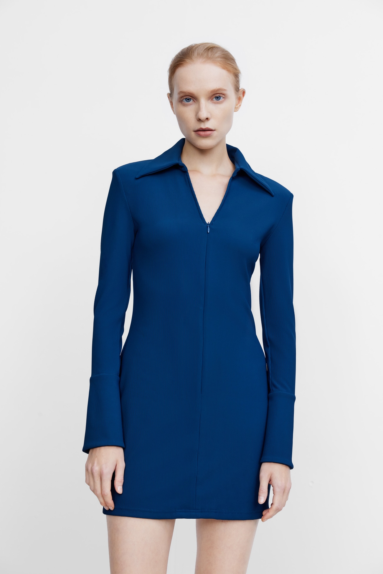 冬 レディース ファッション 洋風 ピット柄 Vネックジッパー スタイリッシュ 長袖ワンピース ネイビー XS S M Ｌ ＸＬ ワンピース 膝上 袖あり 長袖 Vネック かわいい 大人可愛い