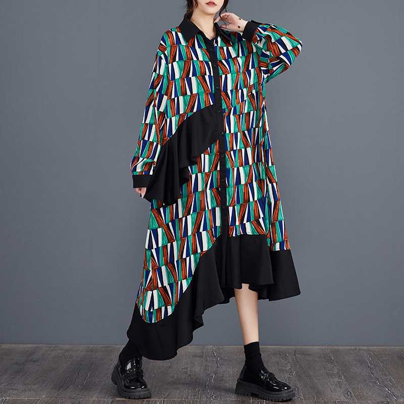 「ファットガール」 2024秋新品 シャツワンピース ドッキング フリル 体型カバー 大きいサイズ レディース 柄ワンピース メガ割30%までに制限