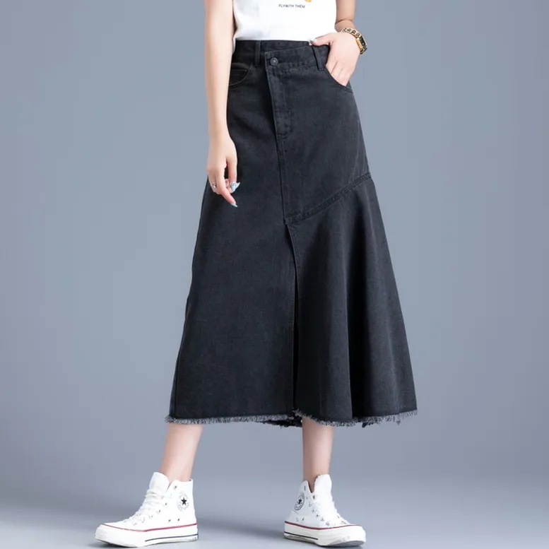 2color レディース アシンメトリーフロントスリットフレアデニムロングスカート デニムスカート