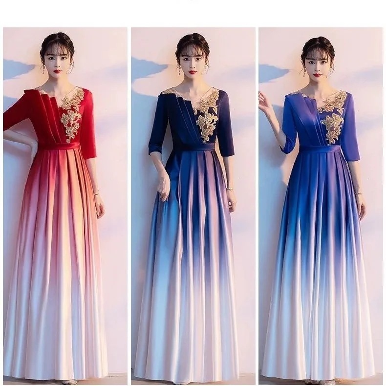 グラデーションサテン合唱団衣装女性用ロングスカート指揮者ガウン宴会イブニングガウンホスト衣装
