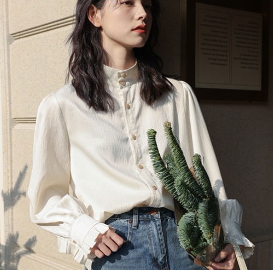 トップス シャツ ブラウス レギュラー丈 袖あり 長袖 ハイネック スタンドカラー シフォン 透け感 シースルー ポリエステル かわいい 大人可愛い シンプル カジュアル 大人 上品 おしゃれ