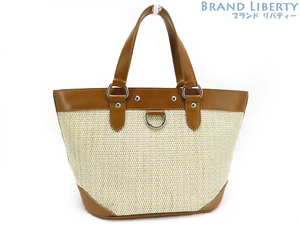 美品バーバリーストローバッグレザートートバッグハンドバッグライトブラウンイエローチェックストローレザー