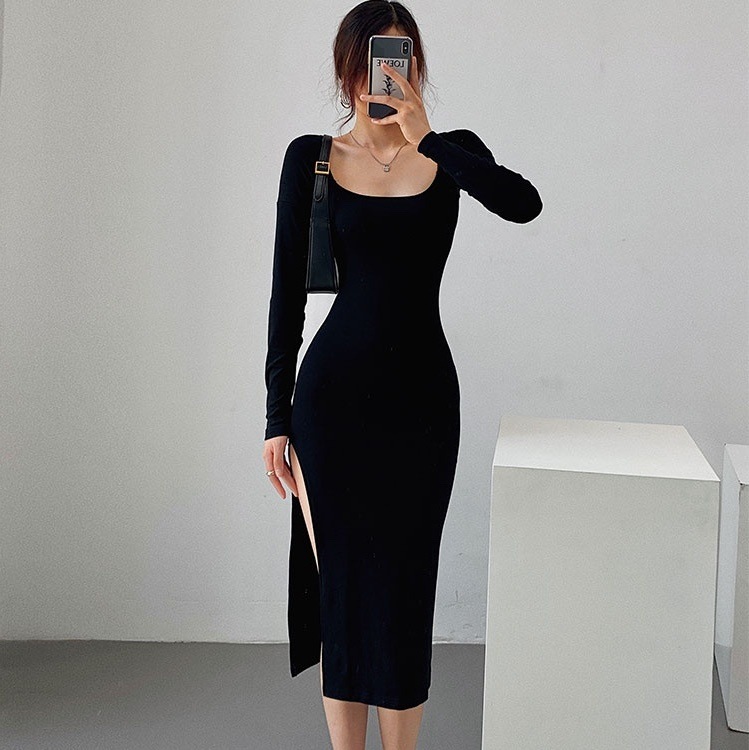 ワンピース ミモレ ミモレ丈 ロング ロング丈 袖あり 長袖 Uネック ラウンドネック スリット サイドスリット 伸縮性 薄手 かわいい 大人可愛い シンプル カジュアル おしゃれ お洒落 こなれ感