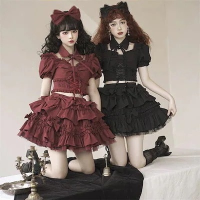 【即日発送】ギ リボン 文化祭 Jsk コスチューム コスプレ ミニスカートセット ロリータ 赤 黒 ゴスロリ 品質良い