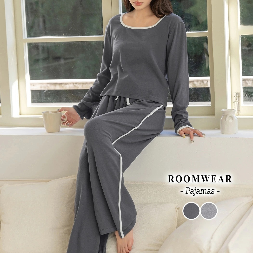 ルームウェア レディース 上下セットアップ トップス 長袖 パンツ ロング丈 2点セット パジャマ 部屋着 ポケット パイピング バイカラー 伸縮性 柔らかい 通気性 微起毛 スクエアネック ウエスト