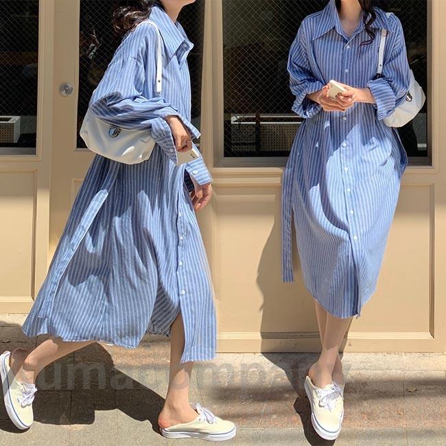 シャツワンピ 長袖 レディース ロングシャツ オーバーサイズ ストライプ柄 ワンピース オフィス 長袖ワンピース 春 ゆったり ロングワンピ 秋 送料無料