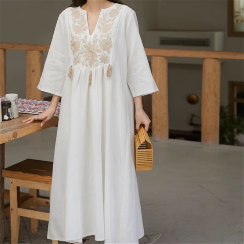 ワンピース ロングスカート ロング ロング丈 袖あり 7分袖 七分袖 Vネック Aライン レギュラー ゆったりウエスト かわいい きれいめ シンプル カジュアル 大人 上品 おしゃれ お洒落 アジアン