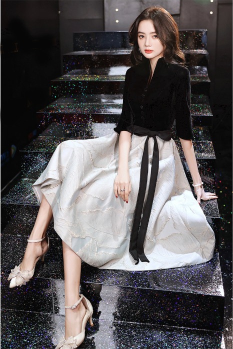 ドレス ワンピース パーティー 結婚式 二次会 披露宴 演奏会 発表会 ステージ フォーマル キャバ 衣装 謝恩会 演劇 ラウンジ クラブ ミモレ マキシ 7分袖 Vネック フレア ハイウエスト