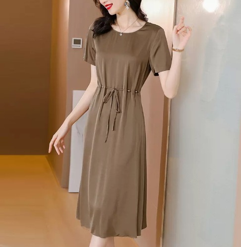 ワンピース ミディアム丈 半袖 Uネック Aライン ウエストマーク 大人可愛い きれいめ シンプル カジュアル 上品 おしゃれ かっこいい 無地 夏 10代 20代 30代 ママ 学生 デート