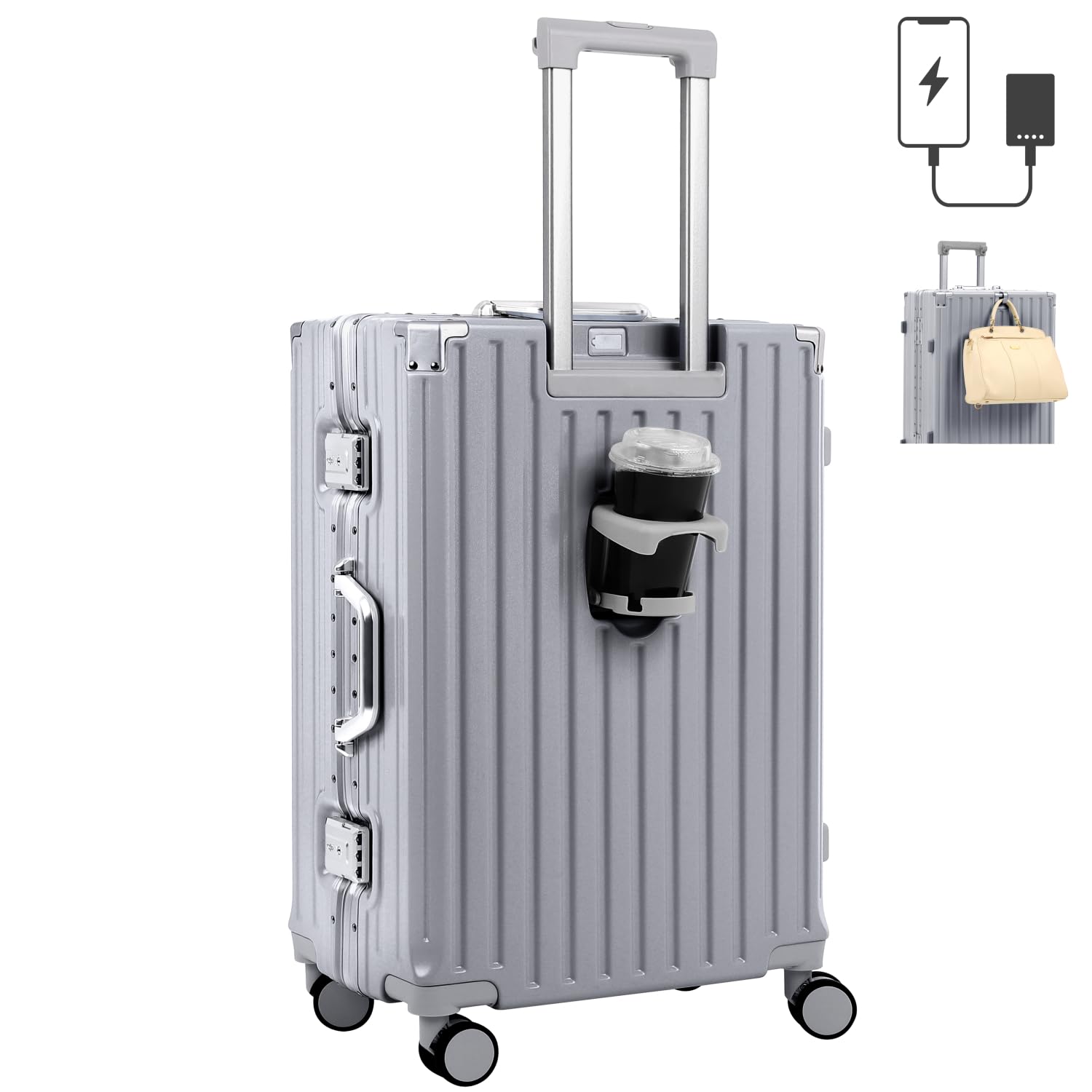 [JOYME] スーツケース キャリーケース USBポート付き キャリーバッグ カップホルダー付き フック機能 アルミフレーム 充電機能 大型 静音 ダブルキャスター 耐衝撃 360度回転 軽量 修学
