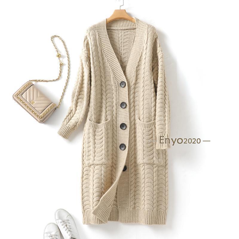 レディース ケーブル編みのロング丈カーディガン オーバーサイズ ニットジャケット ゆったり セーター ポケットあり Vネック カジュアル 秋服 冬服 春