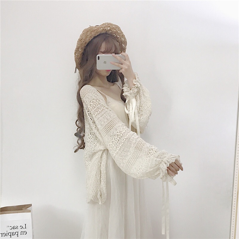 カーディガン 丈長 レディース 長袖 襟なし ワイド フェミニン レース 前開き レースアップ 透け感 異国風 薄手 大人可愛い きれいめ シンプル カジュアル 上品 おしゃれ こなれ感 ラフ