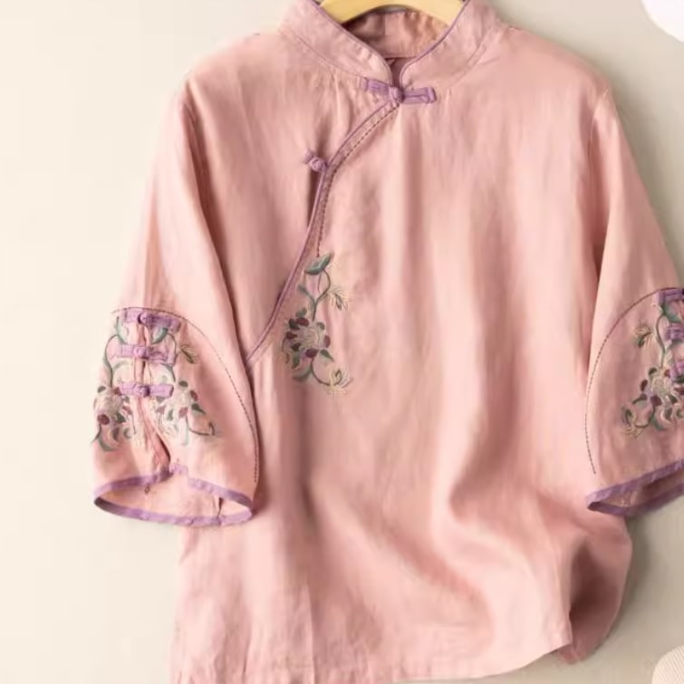 レディース トップス シャツ 5分袖 チャイナ フェミニン 刺繍 異国風 かわいい 大人可愛い きれいめ シンプル カジュアル 上品 おしゃれ かっこいい レトロ アジアン こなれ感 ラフ ガーリー